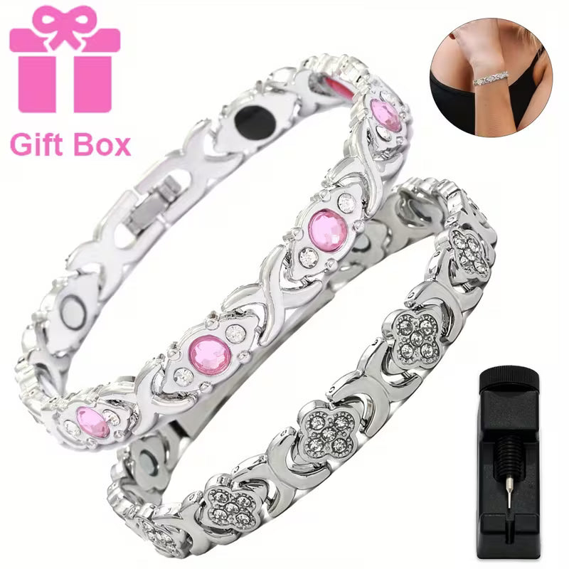 Bracelet Magnétique Élégance Femme – Argent & Cristaux Roses