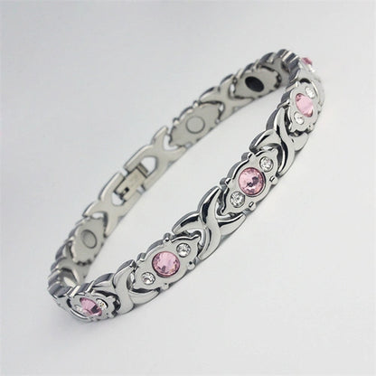 Bracelet Magnétique Élégance Femme – Argent & Cristaux Roses