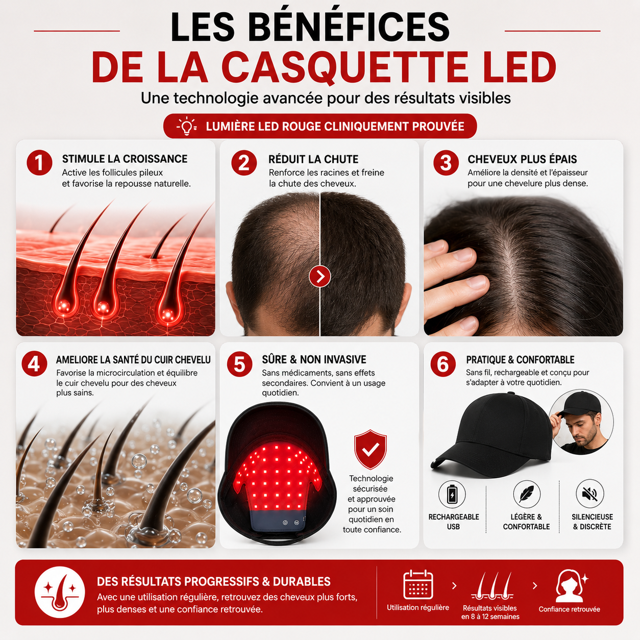 Casquette de Luminothérapie LED – Stimule la Repousse Naturelle des Cheveux