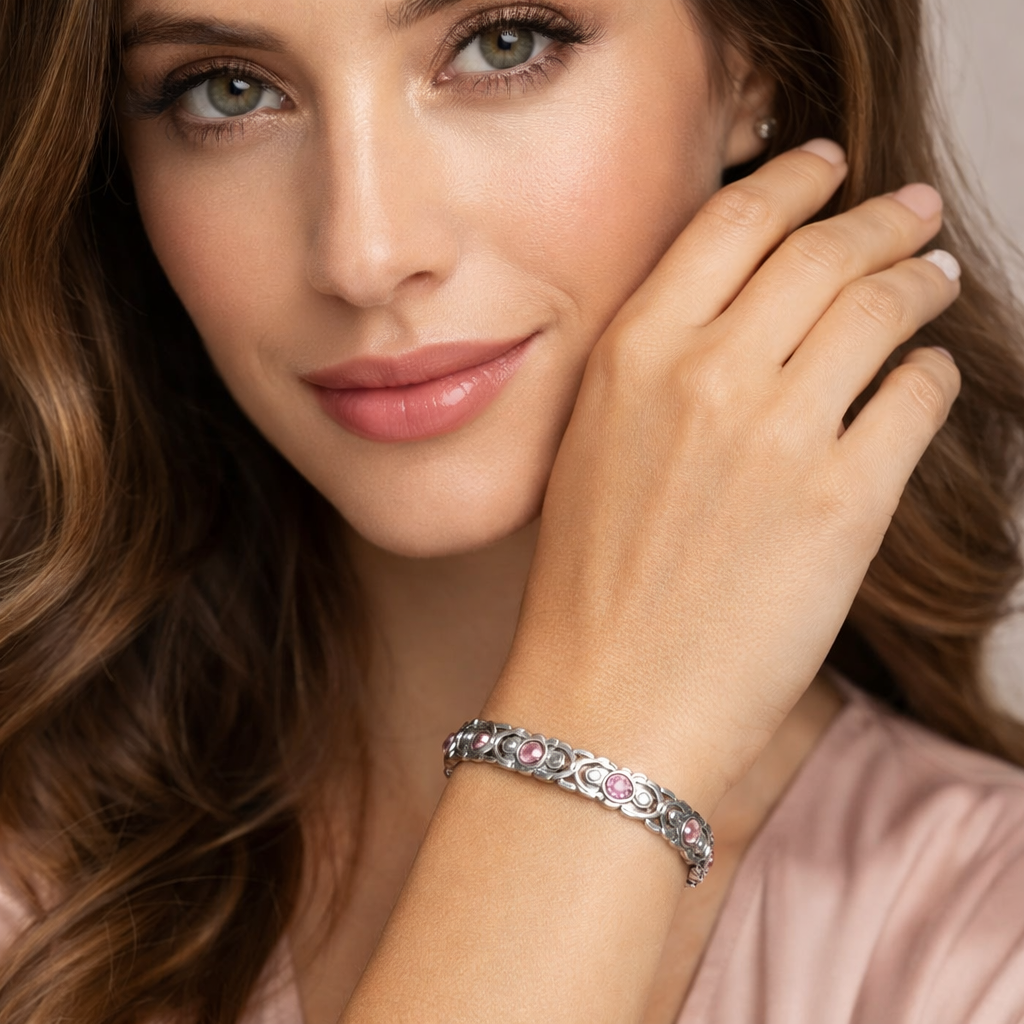 Bracelet Magnétique Élégance Femme – Argent & Cristaux Roses