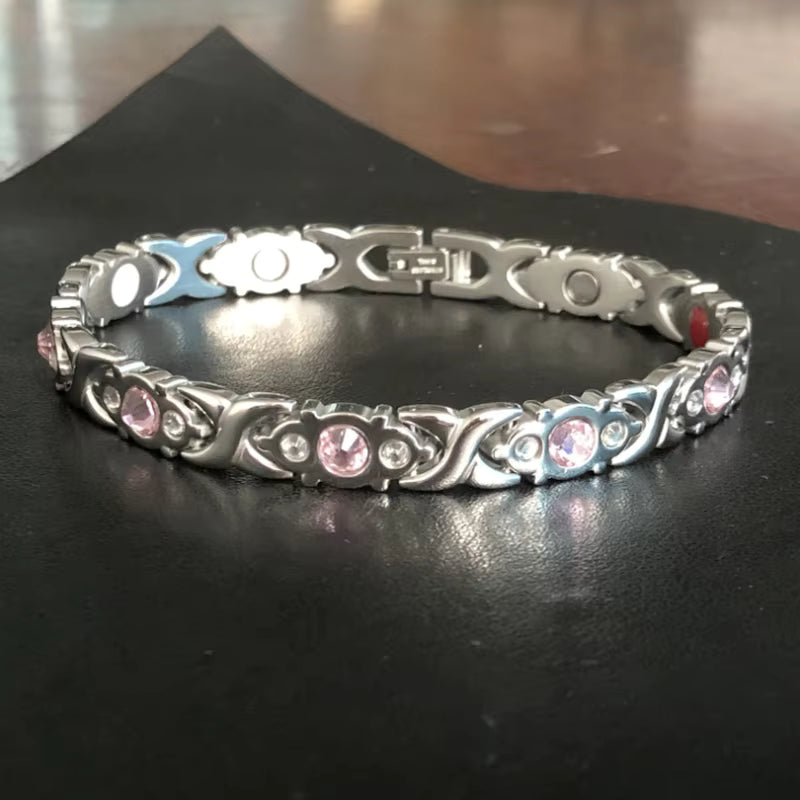 Bracelet Magnétique Élégance Femme – Argent & Cristaux Roses