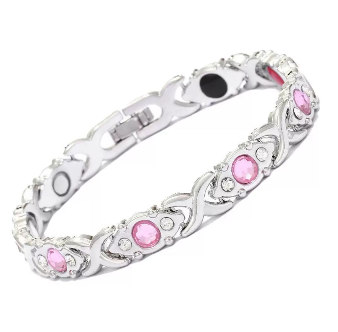 Bracelet Magnétique Élégance Femme – Argent & Cristaux Roses