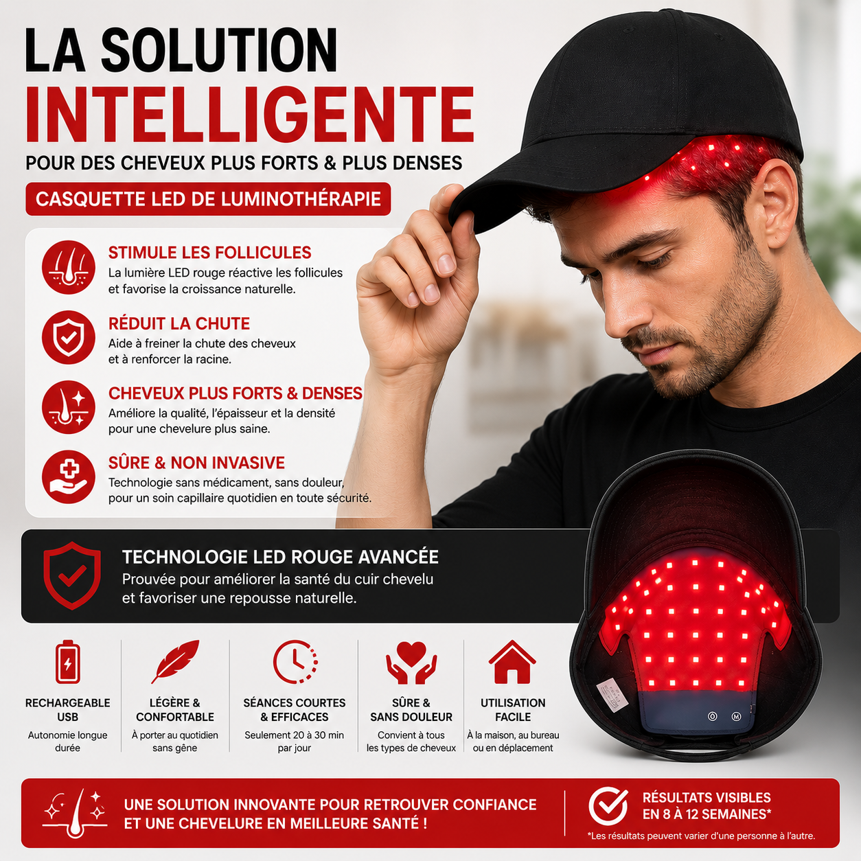 Casquette de Luminothérapie LED – Stimule la Repousse Naturelle des Cheveux